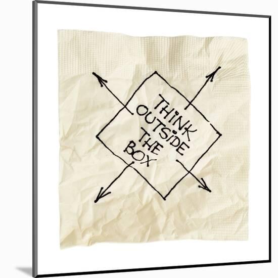 Think Outside The Box - Black Pen Drawing On An Isolated Cocktail Napkin-PixelsAway-Mounted Art Print
