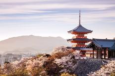 Sunset at Kiyomizu-Dera Temple and Cherry Blossom Season (Sakura) on Spring Time in Kyoto, Japan-thipjang-Framed Photographic Print