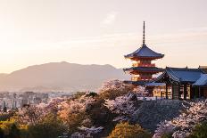 Sunset at Kiyomizu-Dera Temple and Cherry Blossom Season (Sakura) on Spring Time in Kyoto, Japan-thipjang-Framed Premier Image Canvas