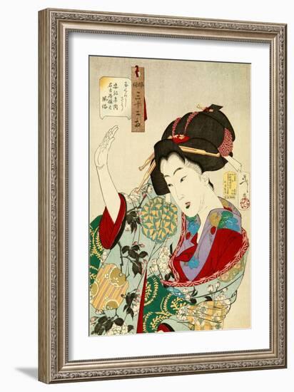 Thirty-Two Daily Scenes: 'Looks Embarrassed', Mannerisms of a Nagoya Girl-Yoshitoshi Tsukioka-Framed Giclee Print