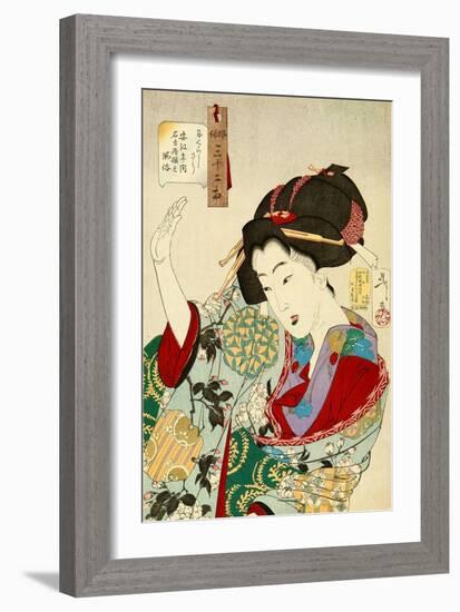 Thirty-Two Daily Scenes: 'Looks Embarrassed', Mannerisms of a Nagoya Girl-Yoshitoshi Tsukioka-Framed Giclee Print