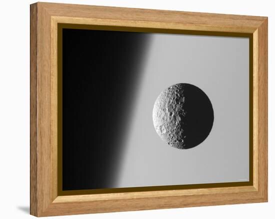 This Amazing Perspective View Captures Battered Moon Mimas Against the Hazy Limb of Planet Saturn-Stocktrek Images-Framed Premier Image Canvas