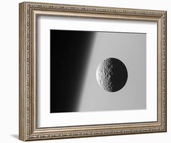 This Amazing Perspective View Captures Battered Moon Mimas Against the Hazy Limb of Planet Saturn-Stocktrek Images-Framed Photographic Print