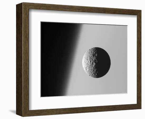 This Amazing Perspective View Captures Battered Moon Mimas Against the Hazy Limb of Planet Saturn-Stocktrek Images-Framed Photographic Print