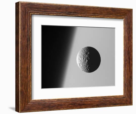 This Amazing Perspective View Captures Battered Moon Mimas Against the Hazy Limb of Planet Saturn-Stocktrek Images-Framed Photographic Print