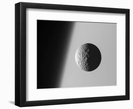 This Amazing Perspective View Captures Battered Moon Mimas Against the Hazy Limb of Planet Saturn-Stocktrek Images-Framed Photographic Print