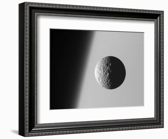 This Amazing Perspective View Captures Battered Moon Mimas Against the Hazy Limb of Planet Saturn-Stocktrek Images-Framed Photographic Print