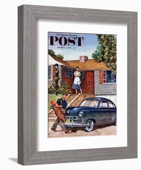 "This Car Needs Washing" Saturday Evening Post Cover, October 3, 1953-Amos Sewell-Framed Giclee Print