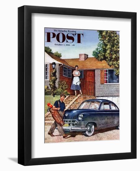 "This Car Needs Washing" Saturday Evening Post Cover, October 3, 1953-Amos Sewell-Framed Giclee Print