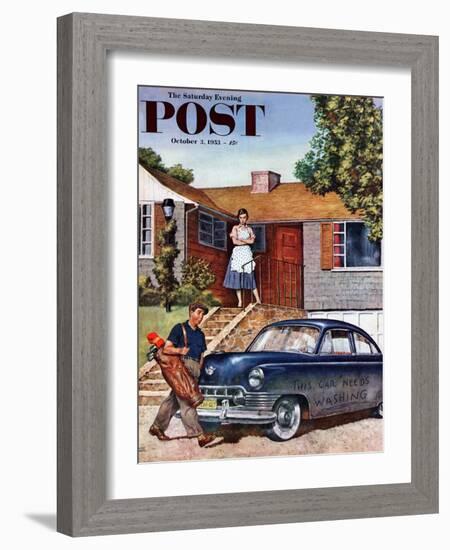 "This Car Needs Washing" Saturday Evening Post Cover, October 3, 1953-Amos Sewell-Framed Giclee Print