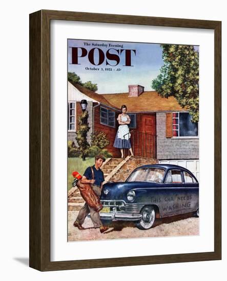 "This Car Needs Washing" Saturday Evening Post Cover, October 3, 1953-Amos Sewell-Framed Giclee Print