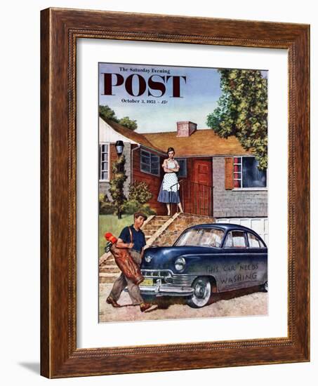 "This Car Needs Washing" Saturday Evening Post Cover, October 3, 1953-Amos Sewell-Framed Giclee Print