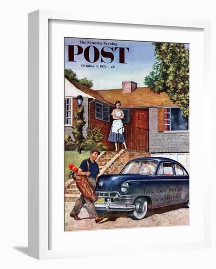 "This Car Needs Washing" Saturday Evening Post Cover, October 3, 1953-Amos Sewell-Framed Giclee Print