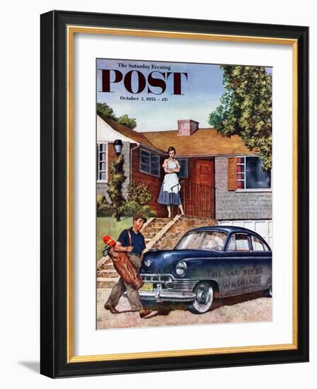 "This Car Needs Washing" Saturday Evening Post Cover, October 3, 1953-Amos Sewell-Framed Giclee Print