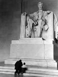 Black Man and Small Boy Kneeling Prayerfully on Steps on Front of Statue in the Lincoln Memorial-Thomas D^ Mcavoy-Photographic Print