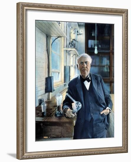 Thomas Edison (1847-1931). Photographed With His 'Edison Effect' Lamps in 1915-null-Framed Photographic Print