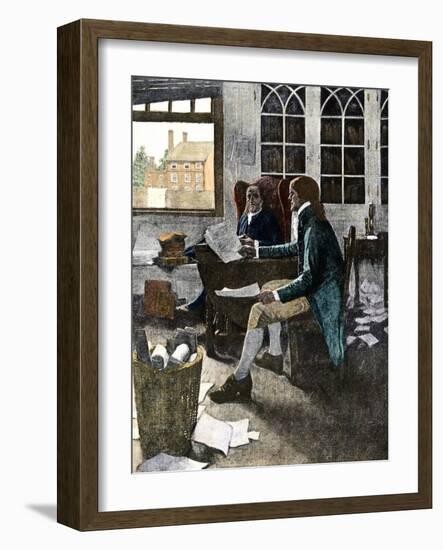 Thomas Jefferson Reading His Rough Draft of the Declaration of Independence to Ben Franklin, c.1776-null-Framed Giclee Print