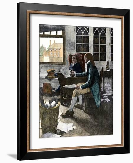 Thomas Jefferson Reading His Rough Draft of the Declaration of Independence to Ben Franklin, c.1776-null-Framed Giclee Print