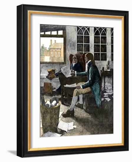 Thomas Jefferson Reading His Rough Draft of the Declaration of Independence to Ben Franklin, c.1776-null-Framed Giclee Print