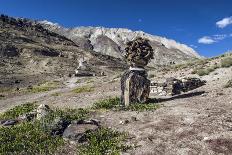 Weathered Buddhist chortens at Neyrak village looking over cliff, Zanskar, India, Himalayas, Asia-Thomas L. Kelly-Premier Image Canvas