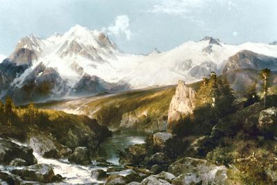 Large Oil painting Thomas Moran The Teton Range & Snow mountains river in view 