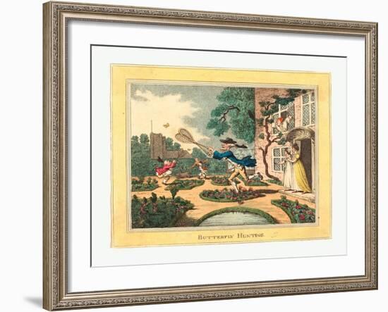 Thomas Rowlandson (British, 1756 1827), Butterfly Hunting, 1806, Hand Colored Etching-null-Framed Giclee Print