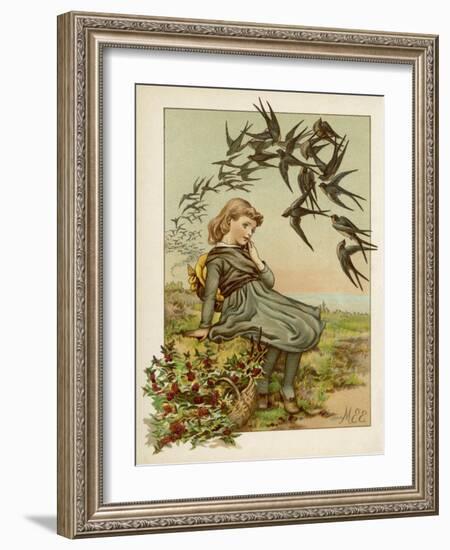 Thoughtful Girl Watches the Swallows Migrate to Warmer Climes-M. Ellen Edwards-Framed Art Print