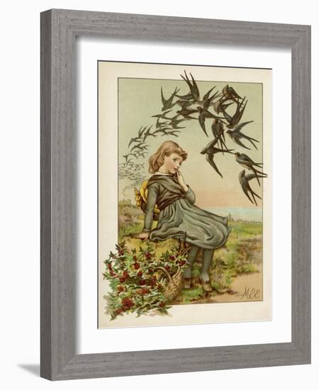 Thoughtful Girl Watches the Swallows Migrate to Warmer Climes-M. Ellen Edwards-Framed Art Print