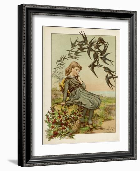 Thoughtful Girl Watches the Swallows Migrate to Warmer Climes-M. Ellen Edwards-Framed Art Print