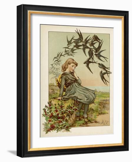 Thoughtful Girl Watches the Swallows Migrate to Warmer Climes-M. Ellen Edwards-Framed Art Print