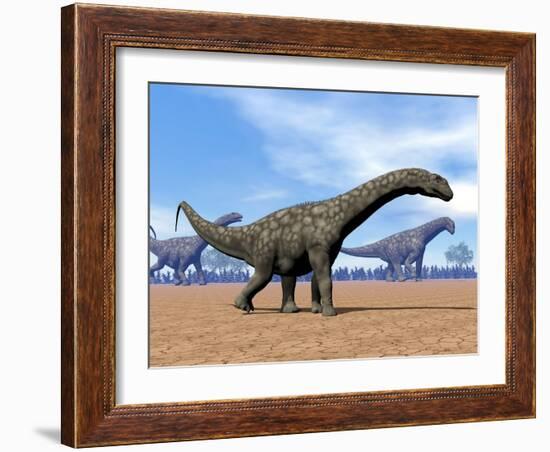 Three Argentinosaurus Dinosaurs Walking in the Desert-null-Framed Art Print