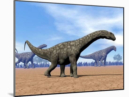 Three Argentinosaurus Dinosaurs Walking in the Desert-null-Mounted Art Print