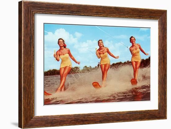 Three Bathing Beauties Waterskiing-null-Framed Art Print