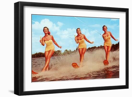 Three Bathing Beauties Waterskiing-null-Framed Art Print