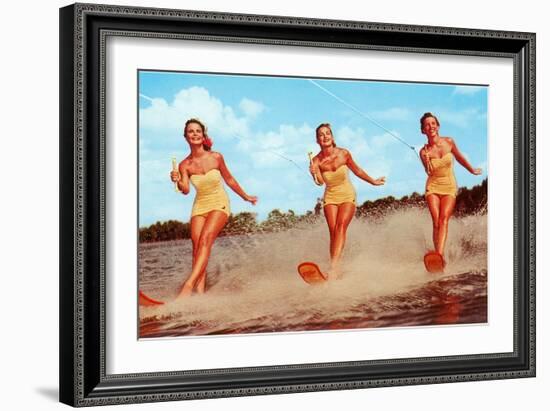 Three Bathing Beauties Waterskiing-null-Framed Art Print