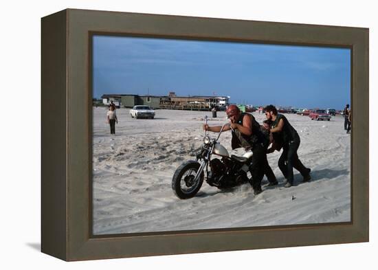 Three Bikers Take the Sand Off their Chromium-Plated Motorbikes-Mario de Biasi-Framed Premier Image Canvas
