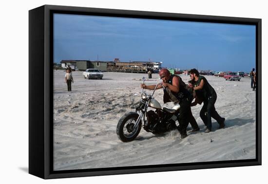 Three Bikers Take the Sand Off their Chromium-Plated Motorbikes-Mario de Biasi-Framed Premier Image Canvas