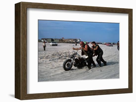 Three Bikers Take the Sand Off their Chromium-Plated Motorbikes-Mario de Biasi-Framed Photographic Print