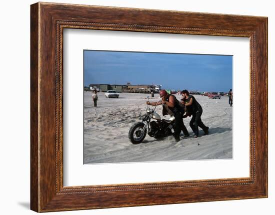 Three Bikers Take the Sand Off their Chromium-Plated Motorbikes-Mario de Biasi-Framed Photographic Print