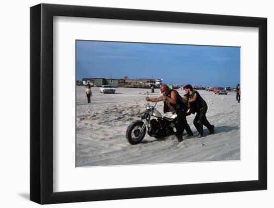 Three Bikers Take the Sand Off their Chromium-Plated Motorbikes-Mario de Biasi-Framed Photographic Print