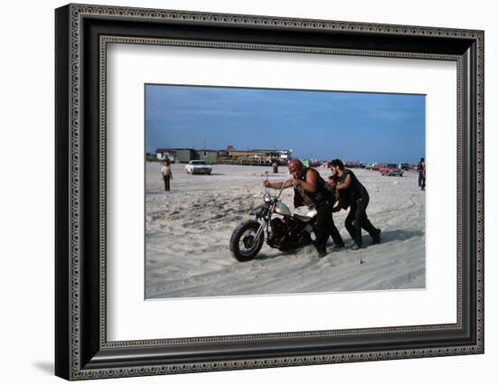 Three Bikers Take the Sand Off their Chromium-Plated Motorbikes-Mario de Biasi-Framed Photographic Print