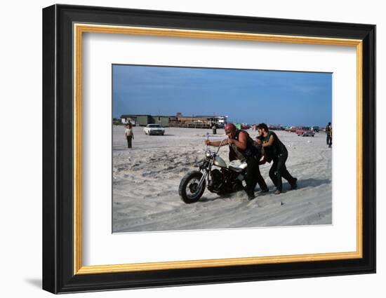 Three Bikers Take the Sand Off their Chromium-Plated Motorbikes-Mario de Biasi-Framed Photographic Print