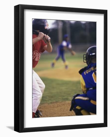 Three Boys Playing Baseball-null-Framed Photographic Print