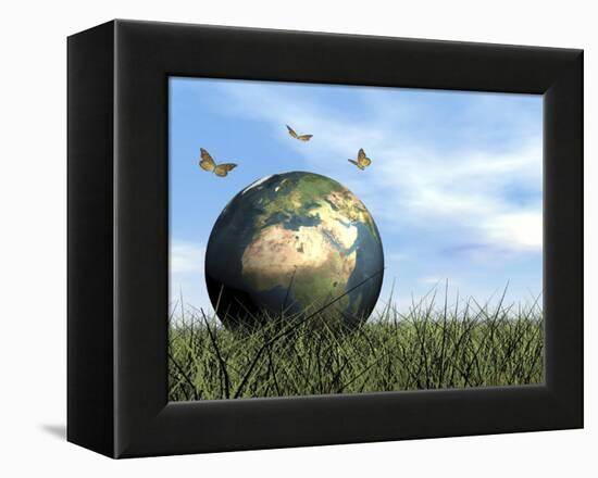 Three Butterflies Flying around Earth Globe-null-Framed Stretched Canvas