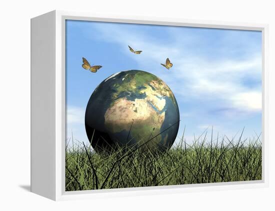 Three Butterflies Flying around Earth Globe-null-Framed Stretched Canvas