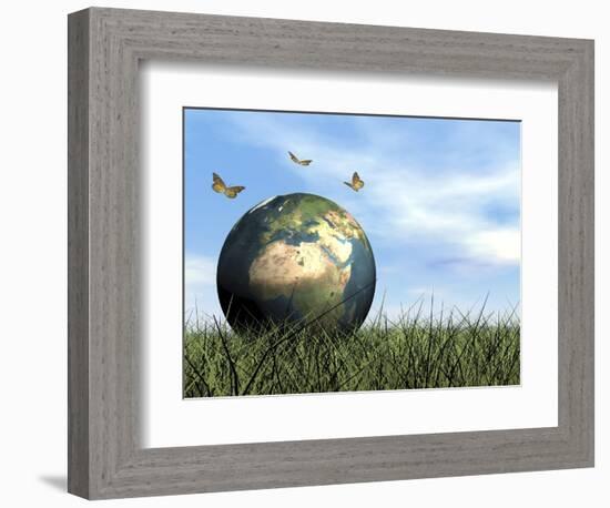 Three Butterflies Flying around Earth Globe-null-Framed Art Print