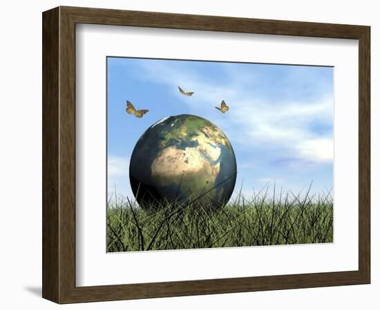 Three Butterflies Flying around Earth Globe-null-Framed Art Print