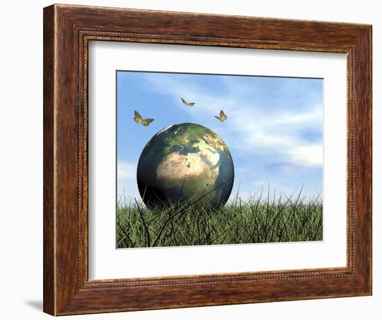 Three Butterflies Flying around Earth Globe-null-Framed Premium Giclee Print