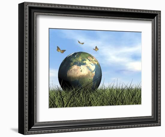 Three Butterflies Flying around Earth Globe-null-Framed Premium Giclee Print