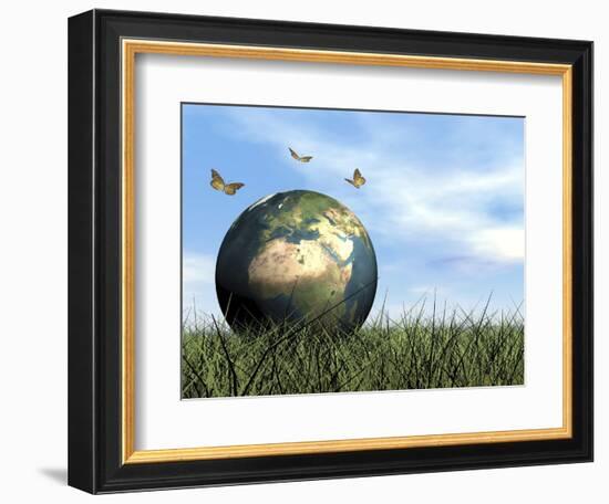 Three Butterflies Flying around Earth Globe-null-Framed Premium Giclee Print